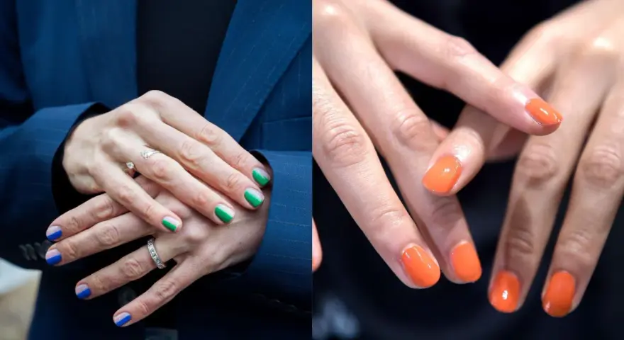 Manicure bicolore con blu e verde, e unghie arancioni vivaci: idee per il colore unghie estate.