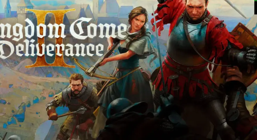La portada de Kingdom Come Deliverance 2 muestra a guerreros en combate medieval, con un caballero de rojo en primer plano.