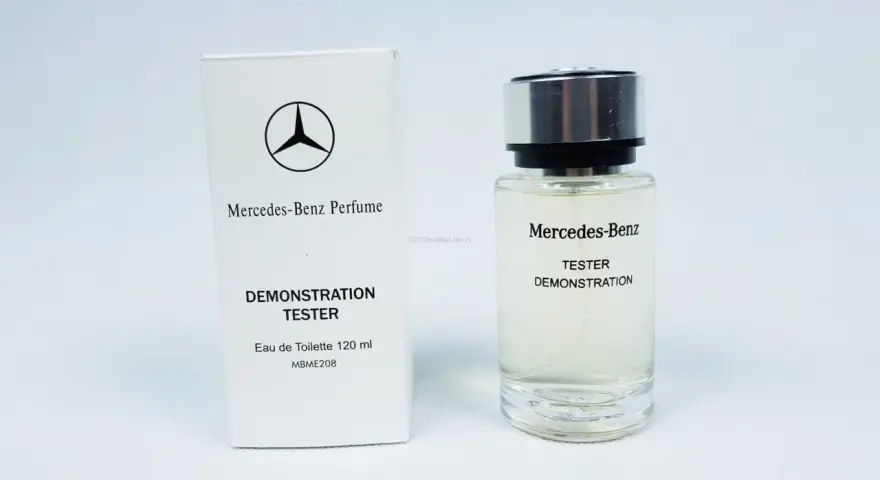 Eleganckie blase perfumy Mercedes-Benz, tester Eau de Toilette 120 ml, w białym opakowaniu i szklanym flakonie z metalową nakrętką.