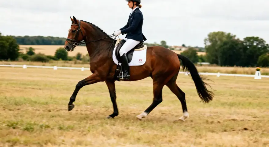 Une cavalière en tenue de compétition exécute un mouvement de dressage sur son cheval bai dans un pré.