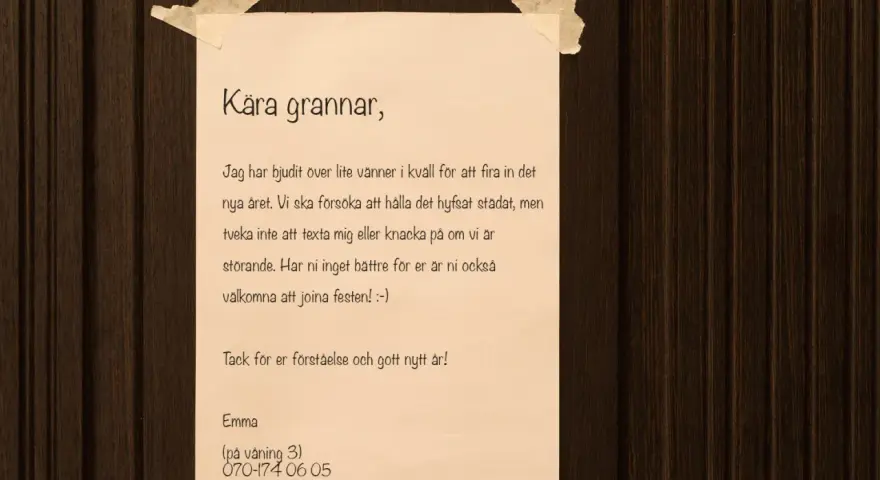 Inbjudan till grannarna om en trevlig tema nyårsfest. Emma ber om förståelse för eventuellt oväsen och välkomnar dem att joina.