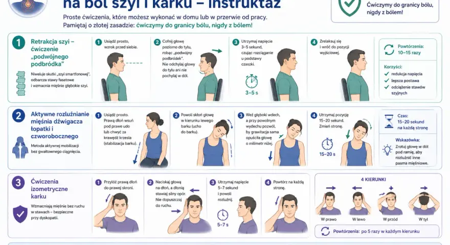 Ćwiczenia na ból szyi i karku: retrakcja szyi, rozluźnianie mięśni, ćwiczenia izometryczne. Pomagają zniwelować kłucie w szyi.