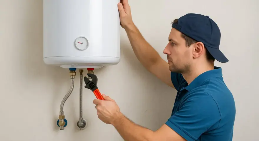 Técnico realizando la instalacion termo electrico de un calentador de agua con una llave inglesa.