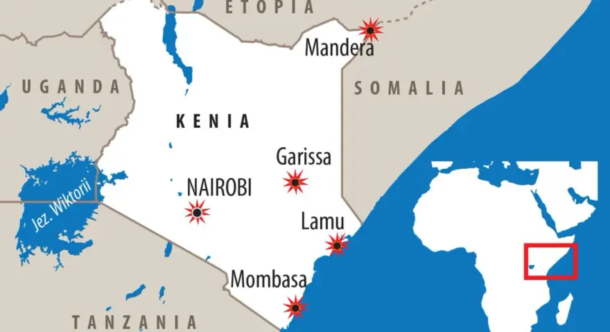 Mapa Kenii z zaznaczonymi miastami: Nairobi, Mombasa, Garissa, Lamu i Mandera. Widać też Jezioro Wiktorii i fragment Tanzanii, Ugandy, Etiopii i Somalii.