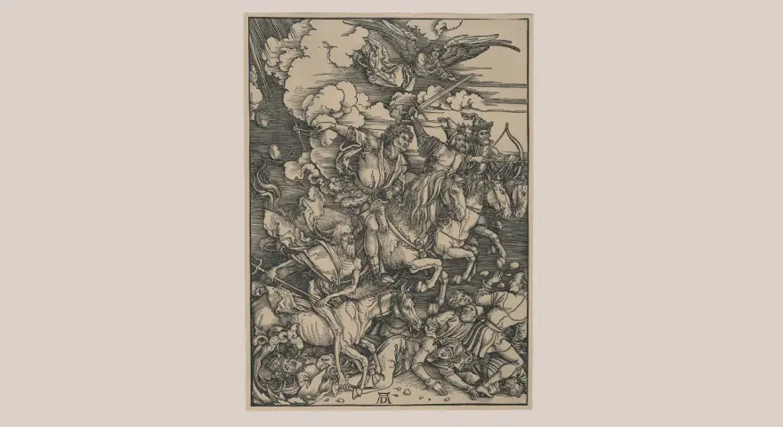 Albrecht Dürer: Czterej Jeźdźcy Apokalipsy. Groza i chaos na drewnie, gdy jeźdźcy niosą zagładę, a anioł zsyła gniew.