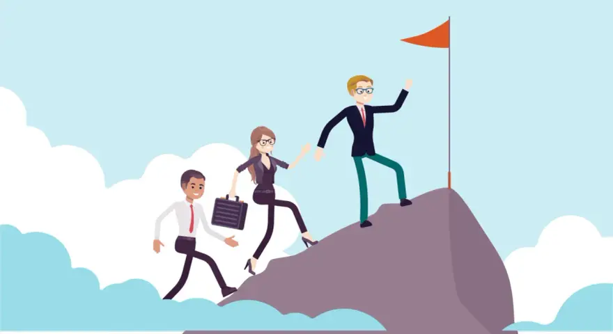 Teamwork in nonprofit management: a leader helps colleagues ascend a mountain to reach a flag, symbolizing shared goals and success.