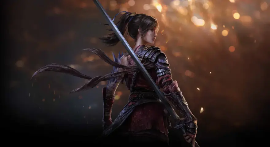 Una guerrera con armadura y espada, lista para la acción en Lies of P.