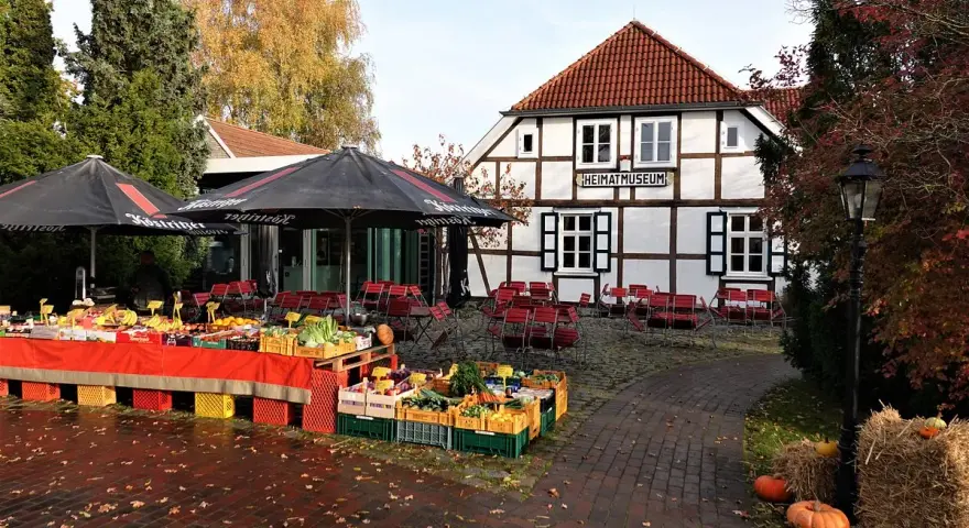 Herbstmarkt vor dem Heimatmuseum Zingst mit frischem Obst und Gemüse.