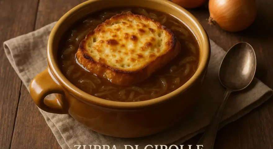 Zuppa di cipolle, la ricetta della nonna: un classico confortante con crostone di pane gratinato.