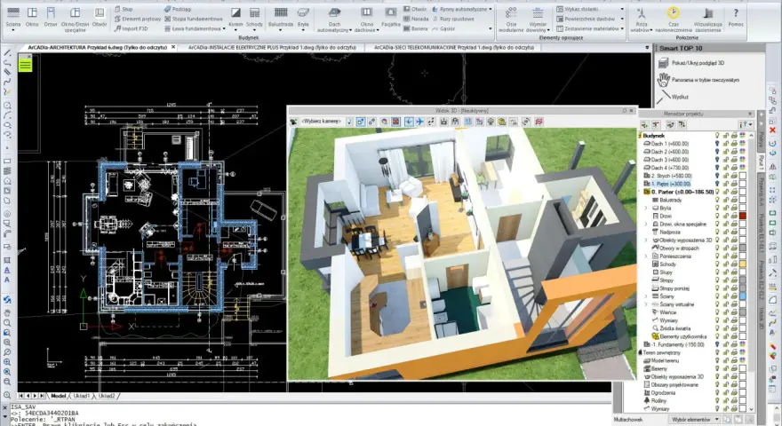 Program dla architektów: widok planu parteru i wizualizacja 3D domu, z panelem projektu po prawej.