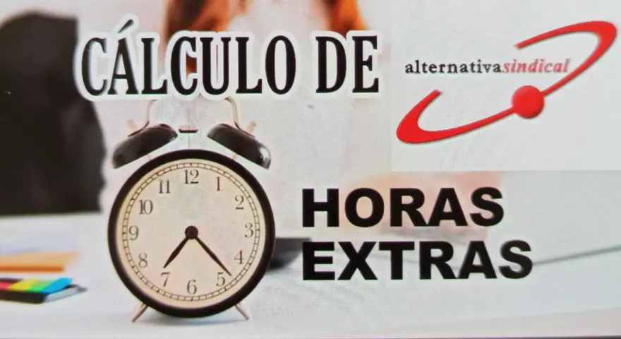 Cálculo de horas extras con reloj y logo de "alternativasindical".