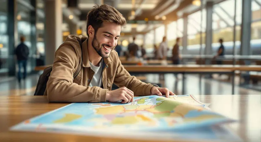 Glad ung man planerar sin interrail europa-resa med karta.