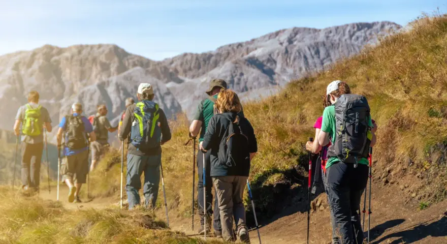 Grupa osób wyruszyła na wędrówkę. Wszyscy mają plecaki i kije do nordic walking, przemierzając górski szlak.