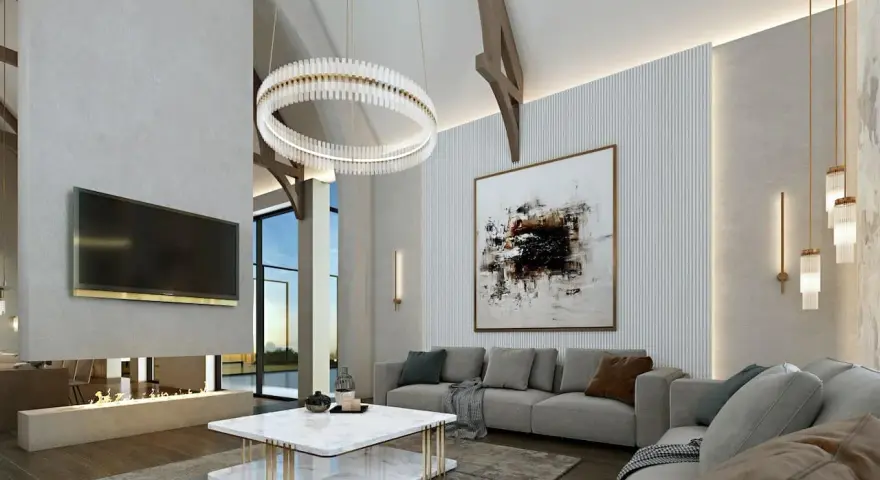 Modern living room with a fireplace, large TV, and abstract art. This space embodies smart home living with seamless iot automation.