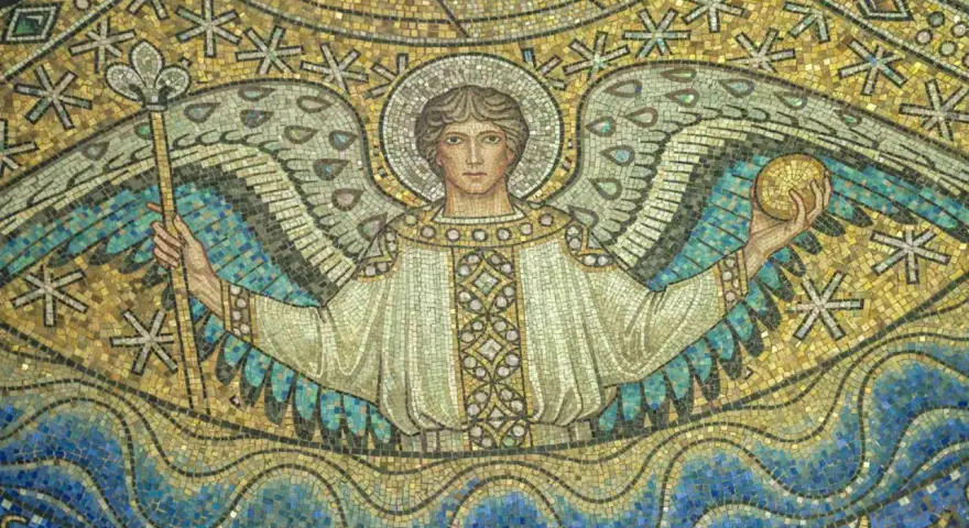 Mozaika przedstawiająca Archanioła Rafała z laską i kulą, na tle fal i gwiazd.