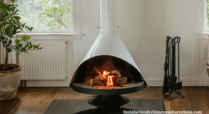 Chimenea moderna con fuego encendido, rodeada de elementos decorativos y un juego de herramientas. Un ejemplo de estufas seguras para tu hogar.