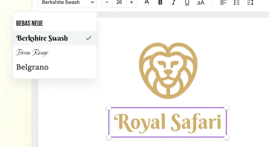 Edytor tekstu z listą czcionek, gdzie "Berkshire Swash" jest zaznaczone. Obok logo lwa i tekstu "Royal Safari". To jak co to znak wodny, ale w kontekście projektowania graficznego.