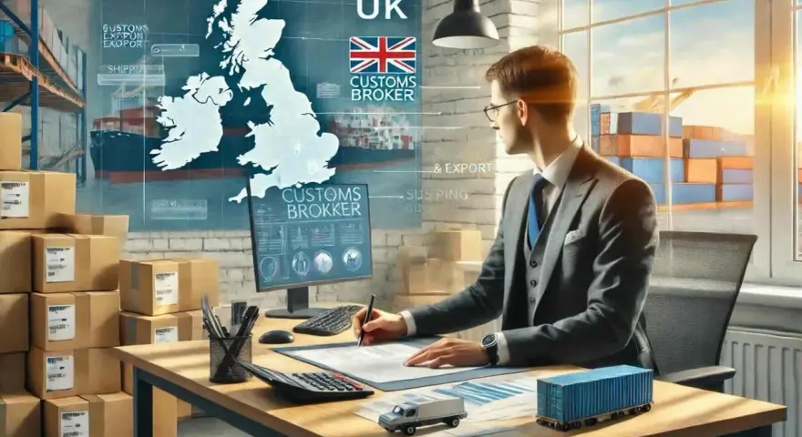 Mężczyzna w garniturze pracuje nad dokumentami, planując odprawy celne UK. Na ekranie mapa Wielkiej Brytanii i symbole transportu.