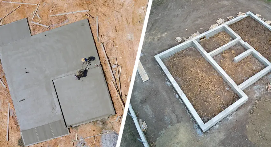 Dwa etapy budowy: wylewana płyta fundamentowa i gotowy fundament z betonu.