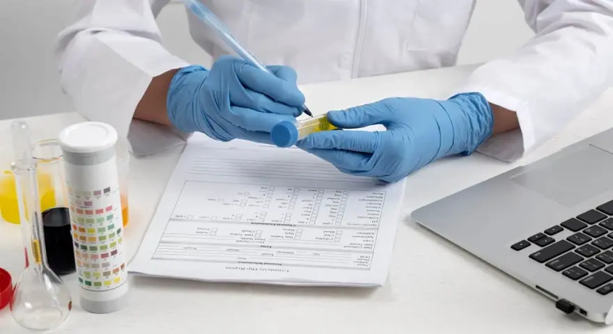 Laborantka w rękawiczkach analizuje próbkę moczu, notując wyniki. Badanie może obejmować poziom aminotransferazy alaninowej.