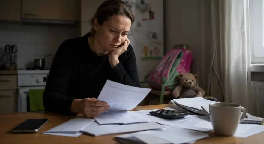 Zmartwiona kobieta przegląda dokumenty. W tle widać plecak i misia. Syndyk nie wypłaca alimentów, co pogłębia jej troski.