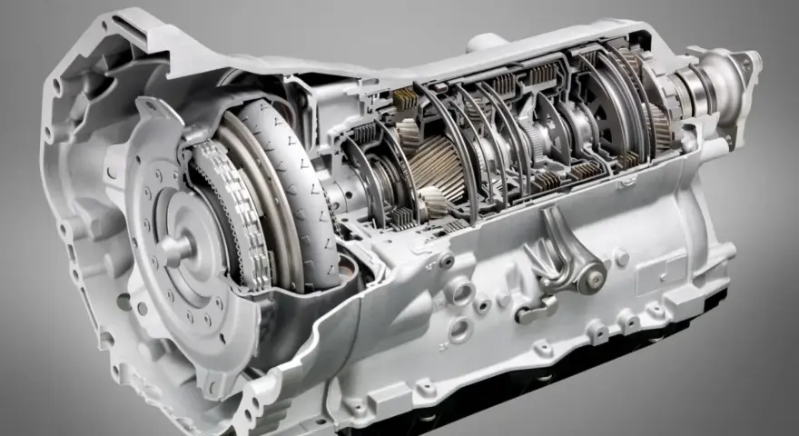 Przekrój skrzyni biegów ZF 8HP, stosowanej w wielu samochodach, ukazujący jej złożoną budowę z elementami hydraulicznymi i mechanicznymi.