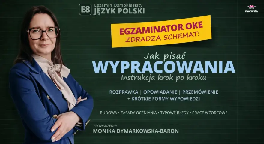 Kobieta w okularach i granatowej marynarce prezentuje instrukcję pisania wypracowań na egzamin ósmoklasisty. Kluczowe jest zakończenie rozprawki.