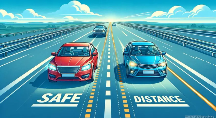 Due auto, rossa e blu, su un'autostrada. La distanza di sicurezza deve essere maggiore se si percorre la corsia d'emergenza.