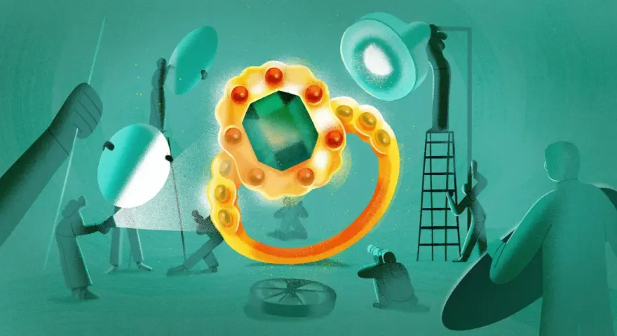 Ilustracja przedstawia proces tworzenia biżuterii. Ludzie pracują nad złotym pierścionkiem z dużym zielonym kamieniem.