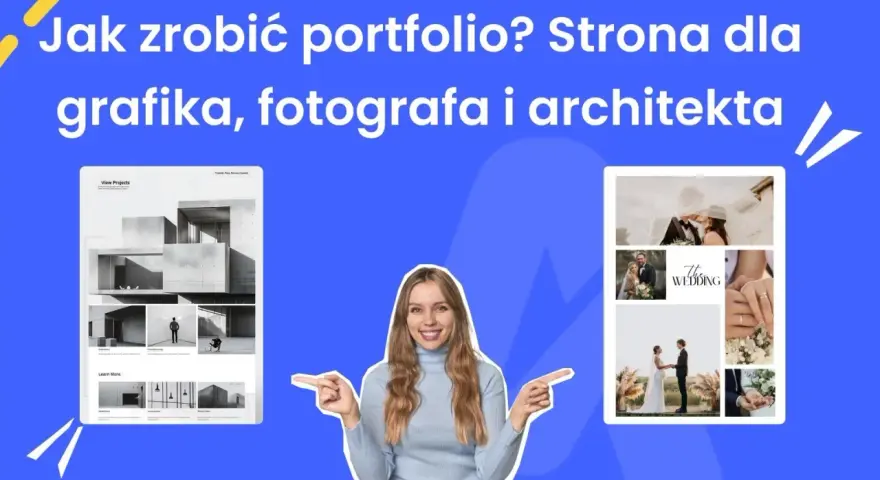 Kobieta prezentuje portfolio dla grafika, fotografa i architekta. Pokazuje przykłady projektów architektonicznych i ślubnych.