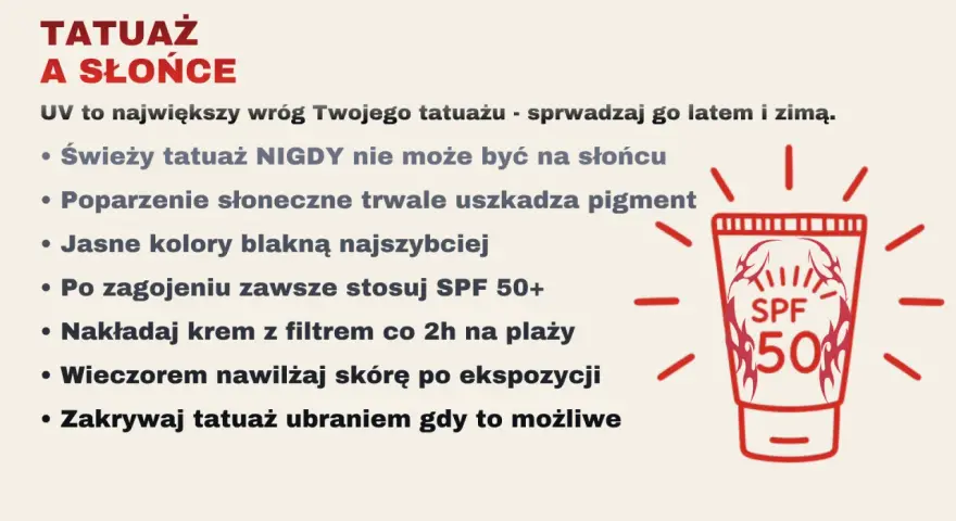 Chroń swój tatuaż przed słońcem! Stosuj krem z filtrem SPF 50+, aby zapobiec blaknięciu i uszkodzeniu pigmentu. Pamiętaj o nawilżaniu i zakrywaniu go ubraniem.