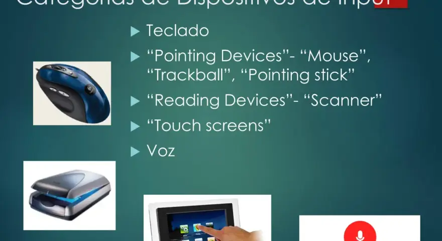 Dispositivos de input: teclado, mouse, scanner, pantalla táctil y micrófono. La diferencia entre input y output es cómo la información entra o sale del sistema.