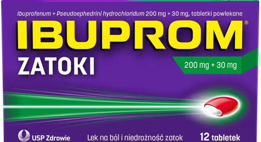 Opakowanie leku Ibuprom Zatoki, który jest dobrym lekiem na zatoki, zawiera 12 tabletek powlekanych.