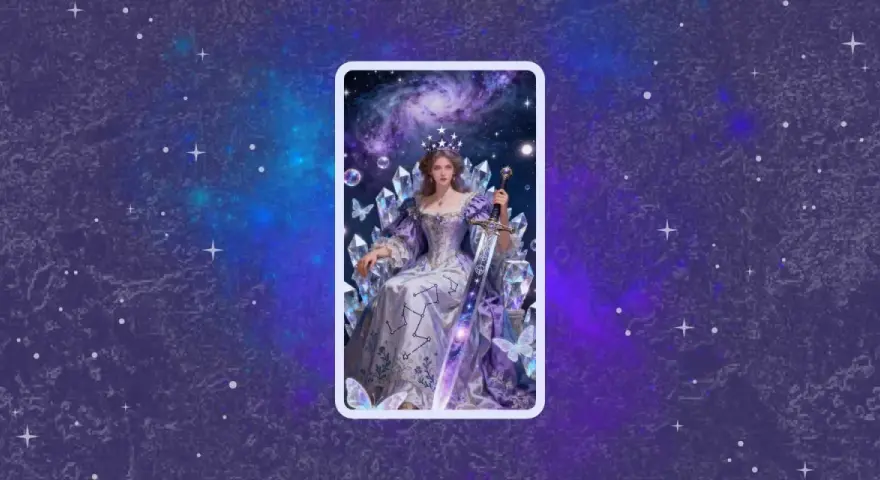 Reina de espadas tarot amor: una mujer con corona y vestido púrpura, sentada con una espada, rodeada de cristales y mariposas, bajo un cielo estrellado.
