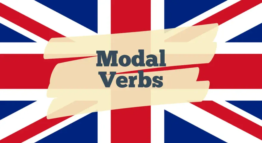Die britische Flagge mit dem Text "Modal Verbs" auf einem hellgelben Band.