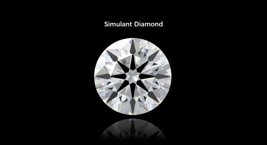 A brilliant cut simulant diamond on a black background. The text "Simulant Diamond" is above it. This image helps understand the simulated diamond meaning.