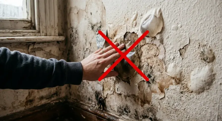 Mano tocando una pared bufada con moho y pintura descascarada. Una cruz roja indica que no se debe tocar.