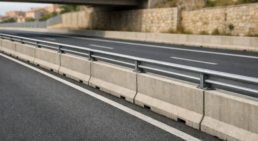 Barriera spartitraffico in cemento, conforme all'art. 175 CDS, con guardrail metallico su strada asfaltata.