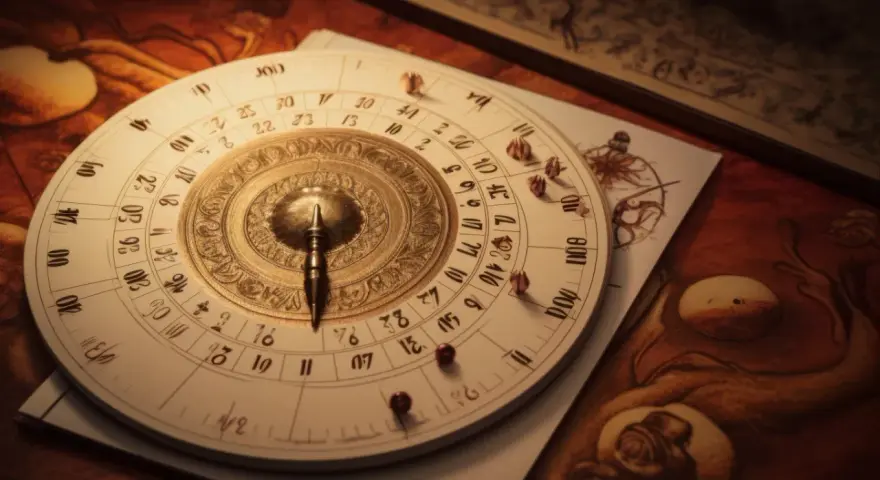 Starożytny astrolabium, symbol drogi życia 9, na tle map i zwojów.