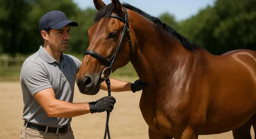 Un cavalier professionnel, concentré, tient les rênes d'un cheval bai. Le salaire d'un cavalier pro dépend de son talent.