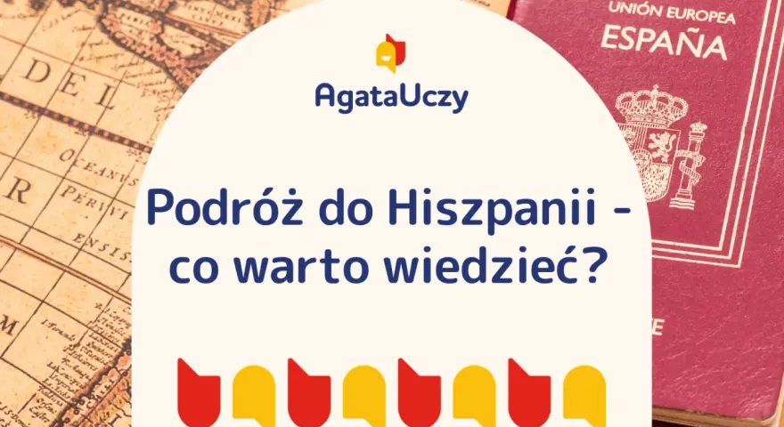 Hiszpański paszport i stara mapa świata na tle grafiki z tekstem "Podróż do Hiszpanii".