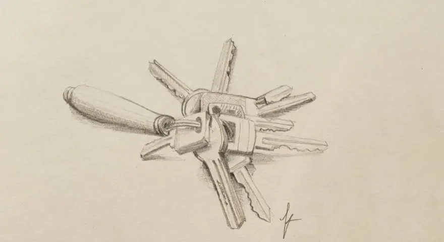 Un dessin réaliste d'un trousseau de clés, avec une poignée en bois et plusieurs clés métalliques disposées en étoile.
