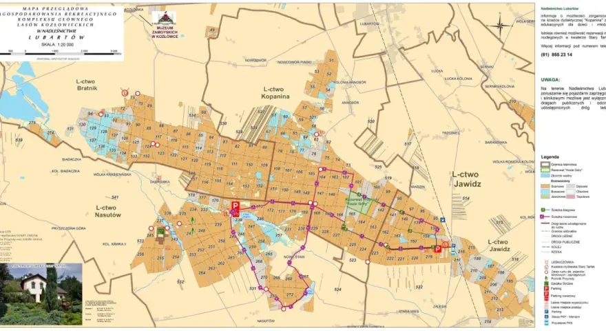 Mapa kompleksu leśnego Lasy Kozłowieckie z zaznaczonymi szlakami, rezerwatami i obiektami turystycznymi.