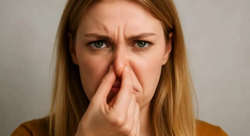 Donna con espressione disgustata che si tappa il naso, forse per un sederino rosso per cacca acida.