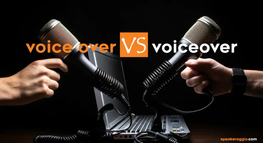 Due microfoni professionali, uno tenuto da una mano, l'altro da un'altra, si fronteggiano sopra un laptop. Il testo "voice over VS voiceover" suggerisce una competizione o un confronto nel mondo del doppiaggio e della narrazione.