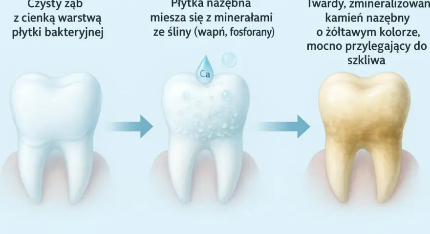 Proces powstawania kamienia nazębnego: od czystego zęba, przez płytkę nazębną mieszającą się z minerałami, aż do żółtego, twardego kamienia nazębnego.
