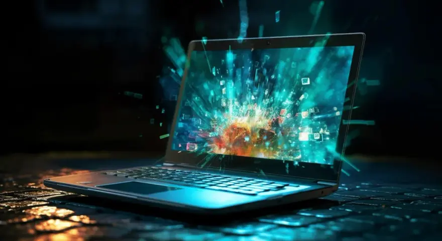 Laptop z eksplodującym ekranem, pełnym kolorowych danych. Czy Steam jest bezpieczny? Obraz sugeruje, że cyfrowy świat może być nieprzewidywalny.