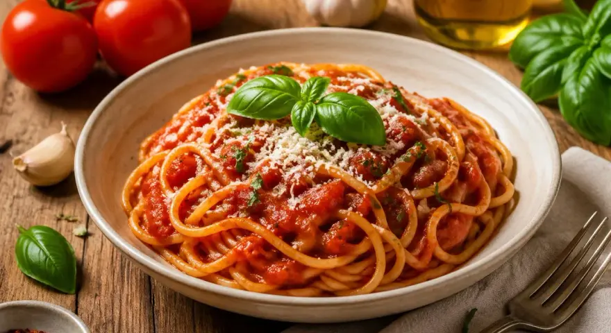 Talerz spaghetti z sosem pomidorowym, posypany parmezanem i udekorowany bazylią.