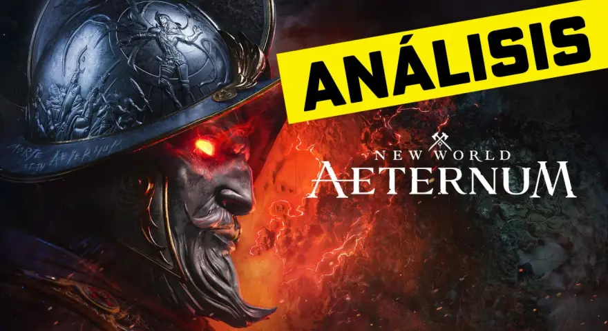 Un guerrero con ojos llameantes y un casco ornamentado, listo para explorar un nuevo mundo. El título "New World Aeternum" y "Análisis" resaltan.