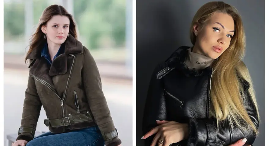 Dwie kobiety prezentują stylowe kożuszki damskie zimowe. Jedna w oliwkowej kurtce, druga w czarnej.